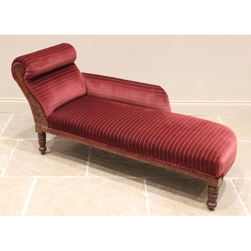 631 - A late Victorian walnut chaise longue, later re-covered in red velour fabric, the padded scroll end ... 