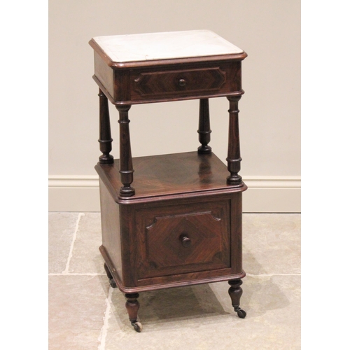 637 - A late 19th century French rosewood marble top bedside cabinet, the square moulded top inset with ma... 