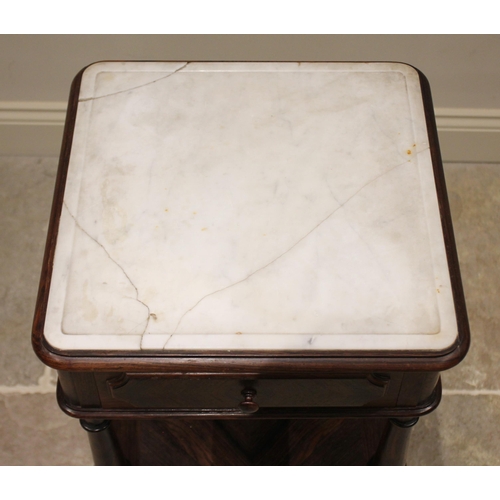 637 - A late 19th century French rosewood marble top bedside cabinet, the square moulded top inset with ma... 