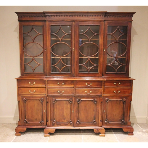 646 - A large 19th century style breakfront mahogany secretaire library bookcase, late 20th century, the m... 