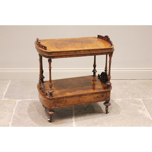 653 - A Victorian burr walnut étagère, on slender fluted supports with a drawer to the lower tier, raised ... 