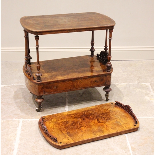 653 - A Victorian burr walnut étagère, on slender fluted supports with a drawer to the lower tier, raised ... 