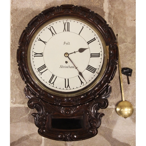 574 - A late 19th century carved oak drop dial fusee wall timepiece signed 'Holt, Altrincham', the 30cm pa... 