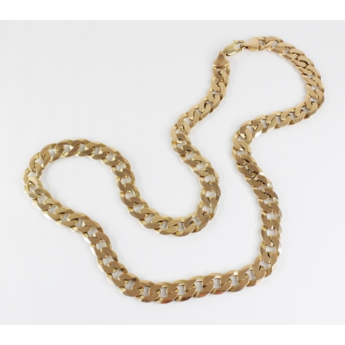 115 - A gold coloured chain, the flat curb link chain with lobster claw and loop fastening, claw marked '3... 