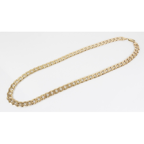 115 - A gold coloured chain, the flat curb link chain with lobster claw and loop fastening, claw marked '3... 