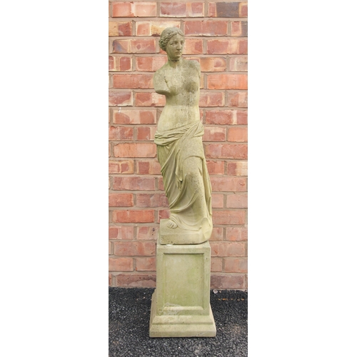 684 - A re-constituted garden statue and plinth, modelled as Venus De Milo, 84cm high, upon a plain rectan... 