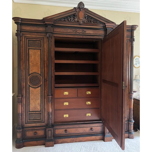 651 - A large and impressive late 19th century French figured walnut compactum wardrobe, of architectural ... 