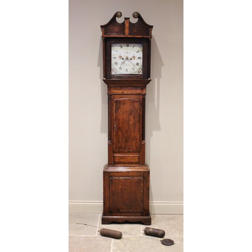 579 - A George III oak and pollard oak eight day longcase clock, by J Joyce, Ruthin, the broken twin swan ... 