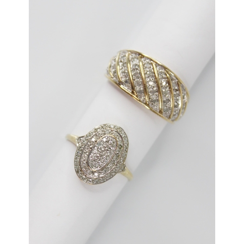 101 - A diamond set 9ct gold cluster ring, the tiered oval shaped head illusion set with single cut diamon... 