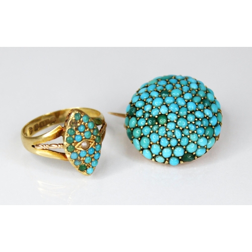 128 - A late Victorian turquoise and pearl set 15ct gold ring, the navette shaped head set with a central ... 