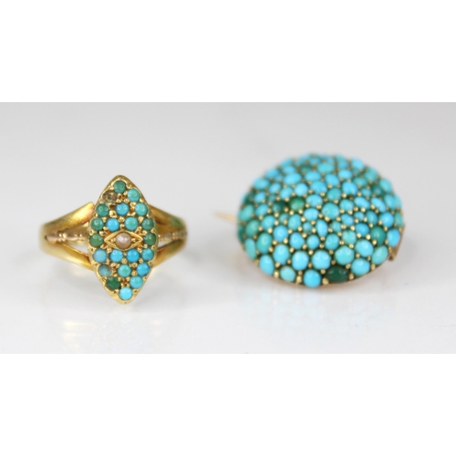 128 - A late Victorian turquoise and pearl set 15ct gold ring, the navette shaped head set with a central ... 