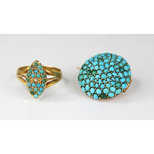 128 - A late Victorian turquoise and pearl set 15ct gold ring, the navette shaped head set with a central ... 