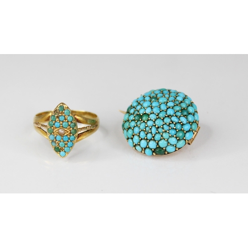 128 - A late Victorian turquoise and pearl set 15ct gold ring, the navette shaped head set with a central ... 