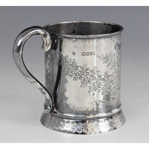 14 - A Victorian silver Christening Mug, Martin, Hall & Co, London 1880, of cylindrical form on tapered f... 