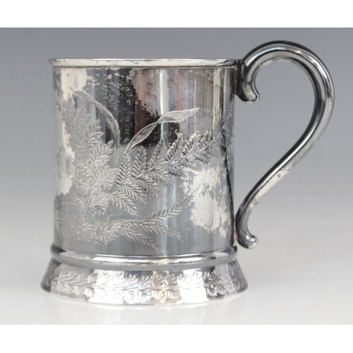 14 - A Victorian silver Christening Mug, Martin, Hall & Co, London 1880, of cylindrical form on tapered f... 