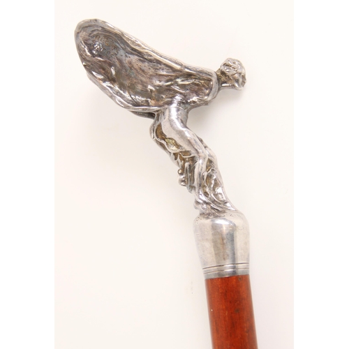 155 - A stained beech wood cane, early 20th century, mounted with a cast metal Rolls Royce 