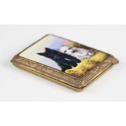 156 - A brass and enamel compact, early 20th century, of rectangular form with engine turned detail and fo... 