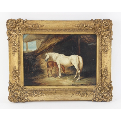 210 - Manner of George Morland (British, 1763 - 1804), 
A mare and foal in a stable, 
Oil on panel, 
Unsig... 