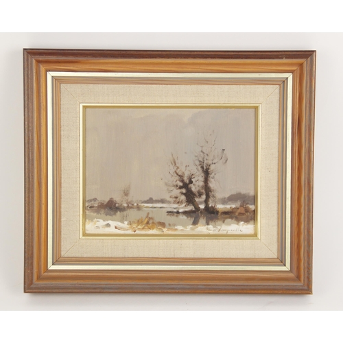 215 - James Longueville PS PBSA (Northern School, b.1942),  
A winter landscape with trees and lake,  
Oil... 