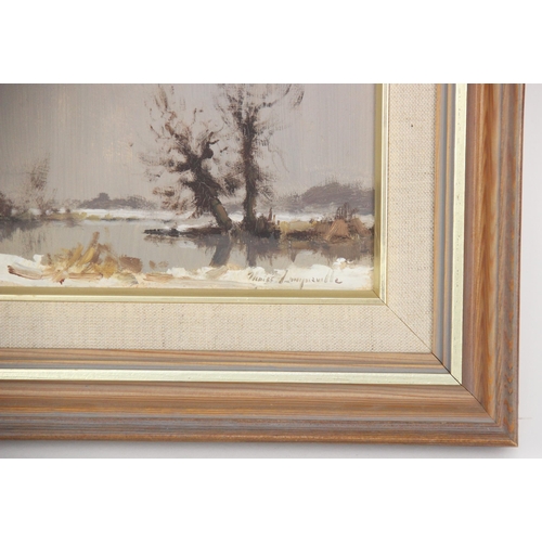 215 - James Longueville PS PBSA (Northern School, b.1942),  
A winter landscape with trees and lake,  
Oil... 