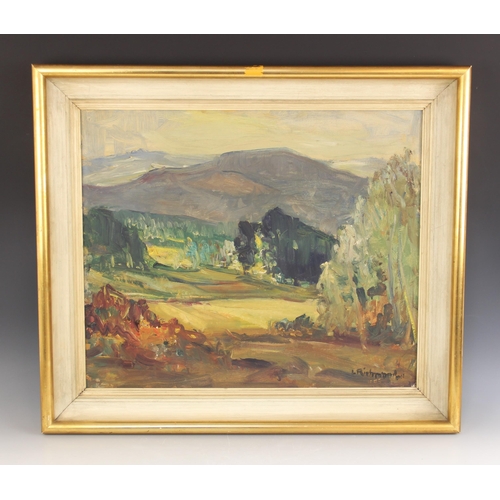 233 - Attributed to Leonard Richmond RBA ROI (British, 1889-1965), 
Landscape with hills beyond, 
Oil on b... 