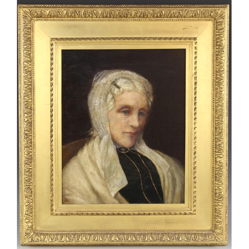 246 - English school (19th century),  
Portrait of an elderly lady in lace bonnet,  
Oil on canvas,  
Insc... 