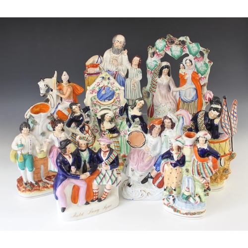 371 - A selection of 19th century Staffordshire flat back figural groups, to include St George, 29.5cm hig... 