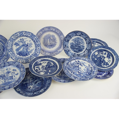 375 - A collection of 19th century and later blue and white transfer printed plates, to include a set of o... 