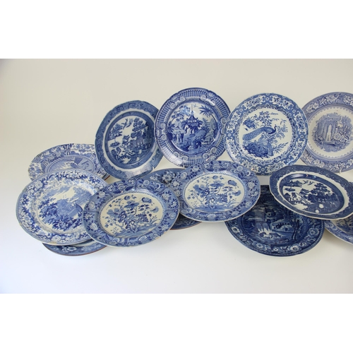 375 - A collection of 19th century and later blue and white transfer printed plates, to include a set of o... 