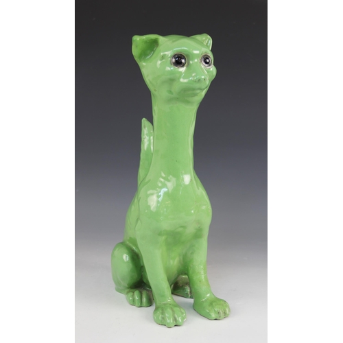 388 - A stoneware model of a cat, 20th century, in the manner of Galle, glazed in green with colourless gl... 