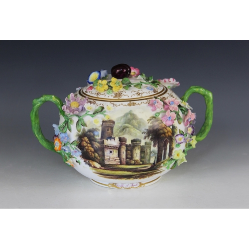 397 - A Minton porcelain pot pourri and cover, circa.1825-1830, of globular proportions and painted with a... 