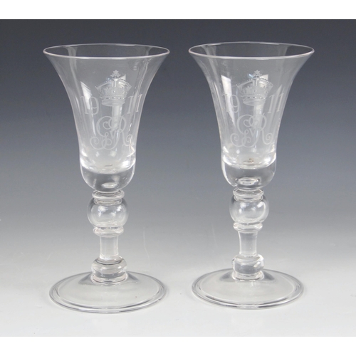 406 - A pair of George V coronation commemorative goblets, early 20th century, each of trumpet form, the b... 