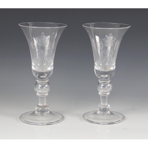 406 - A pair of George V coronation commemorative goblets, early 20th century, each of trumpet form, the b... 