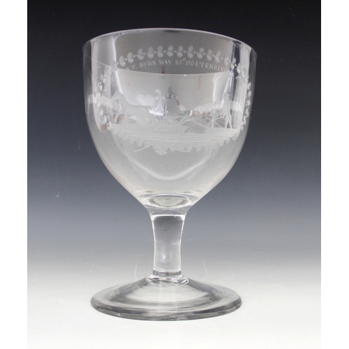 407 - A large clear glass documentary rummer, early 19th century, engraved to one side with 