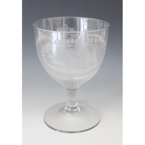 407 - A large clear glass documentary rummer, early 19th century, engraved to one side with 