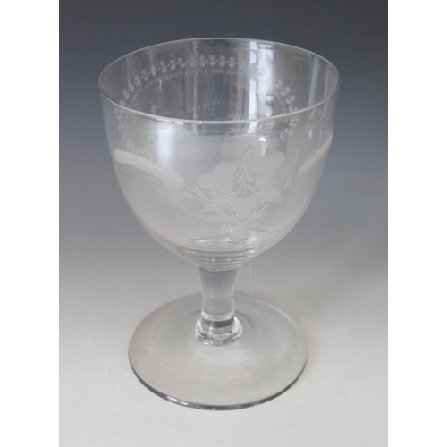 407 - A large clear glass documentary rummer, early 19th century, engraved to one side with 