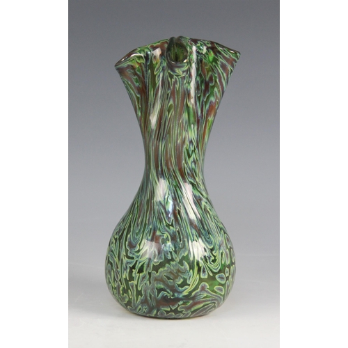 413 - A Murano style glass posy vase, early 20th century, of baluster form with frilled rim, in green, yel... 