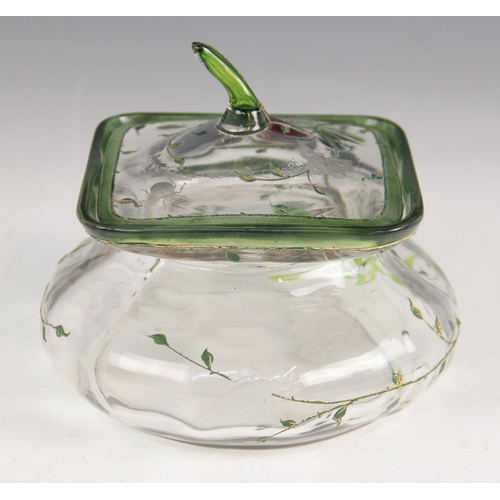 416 - A Secessionist glass preserve jar and cover, modelled as a stylized gourd with square rim, with flas... 