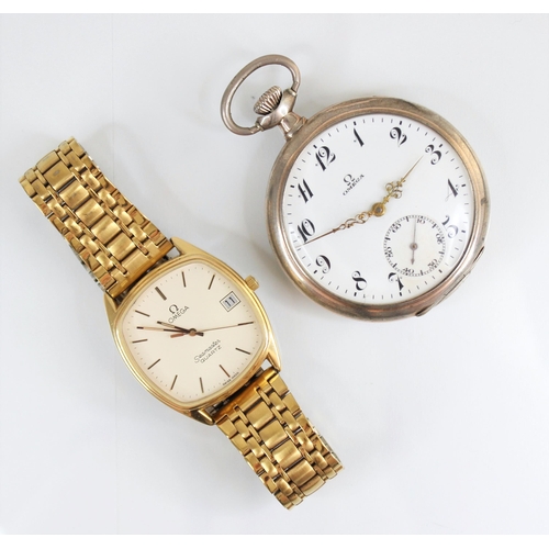 50 - A gentleman's Omega Seamaster Quartz gold plated wristwatch, the rounded square dial with baton mark... 