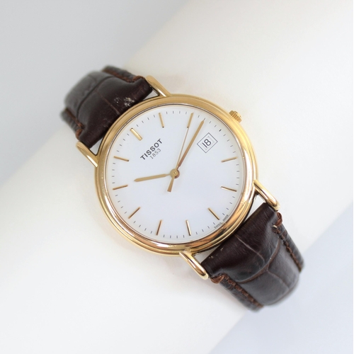 51 - A gentleman's 18ct gold Tissot wristwatch, the round white dial with baton markers and date window t... 