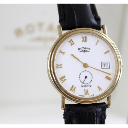 52 - A gentleman's 9ct gold Rotary quartz wristwatch, the round white dial with Roman numerals, subsidiar... 