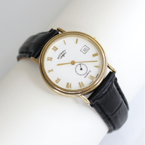 52 - A gentleman's 9ct gold Rotary quartz wristwatch, the round white dial with Roman numerals, subsidiar... 