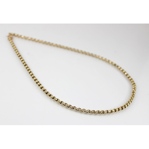 69 - An gold coloured chain, the faceted belcher link chain with spring ring and loop fastening, spring r... 