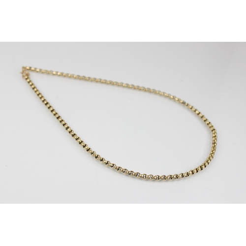 69 - An gold coloured chain, the faceted belcher link chain with spring ring and loop fastening, spring r... 