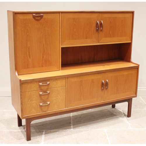 736 - A 1970's G-Plan 'Sierra' teak highboard, the upper section with a fall front and cupboard doors over... 