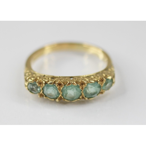 82 - A Victorian style five stone ring, comprising five graduated round mixed cut blue-green gemstones (p... 