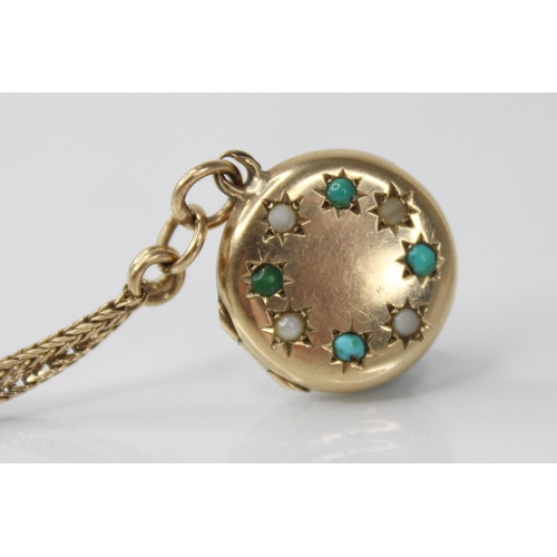 86 - A 9ct gold turquoise and simulated pearl set locket pendant, of circular form, the cover set with al... 