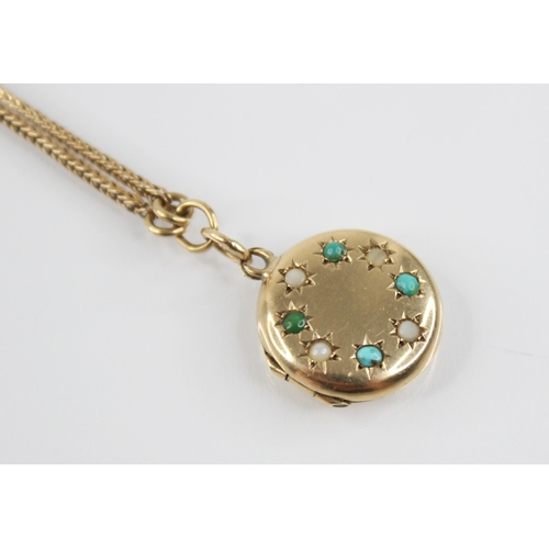 86 - A 9ct gold turquoise and simulated pearl set locket pendant, of circular form, the cover set with al... 