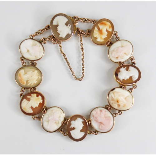 91 - a carved shell cameo gold coloured bracelet, comprising eleven oval carved shell cameos depicting fe... 