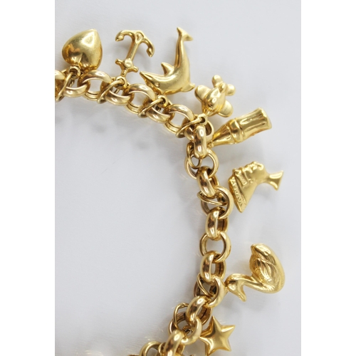 94 - A gold coloured charm bracelet, the belcher link chain with spring ring and loop fastening, suspendi... 